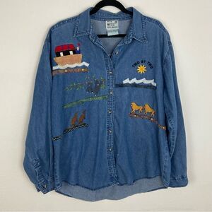 Vintage Embroidered Noah's‎ Ark Denim Shirt School Teacher Grandmacore X-Large